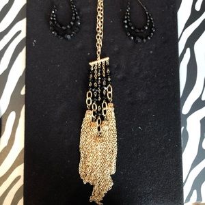 Gold-tone & black necklace & black bead earrings